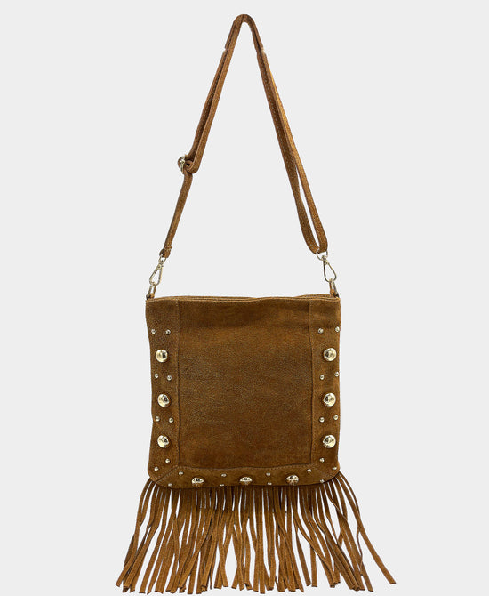 Large Suede Studded Crossbody Bag w/ Fringe view