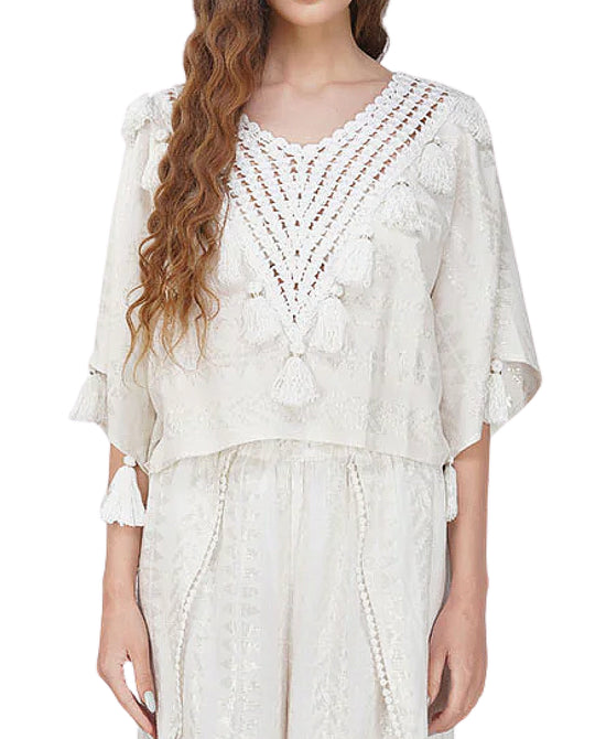 Metallic Printed Blouse w/ Tassels view 