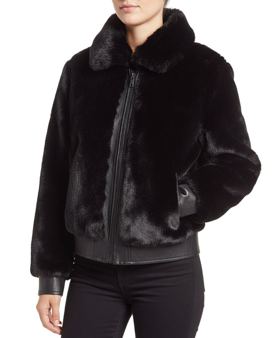 Faux Fur Jacket w/ Faux Leather Trim view