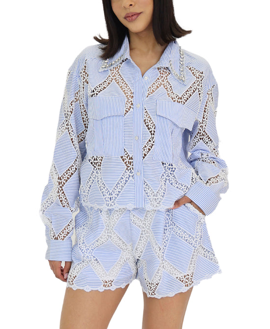 Stripe Eyelet Blouse & Shorts - 2 Pc Set view 