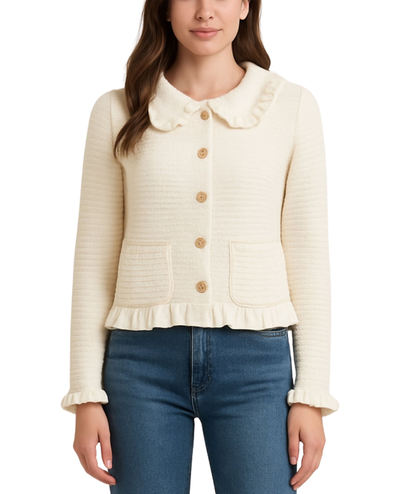 Waffle Knit Cardigan w/ Ruffles view 1