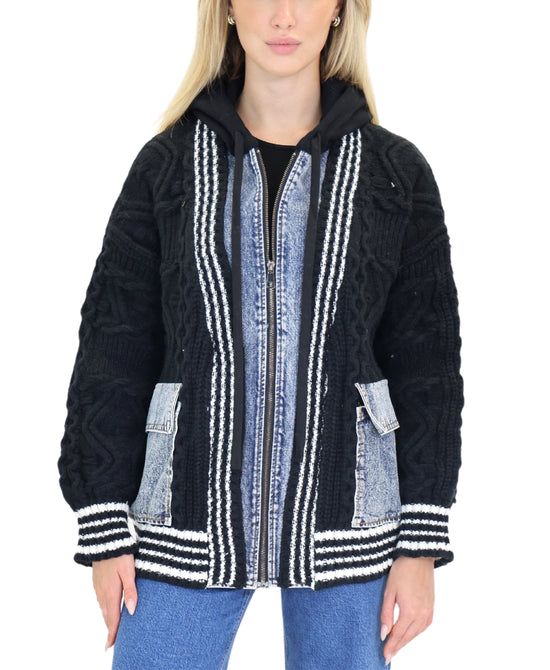 Denim & Knit Combo Jacket w/ Hood view