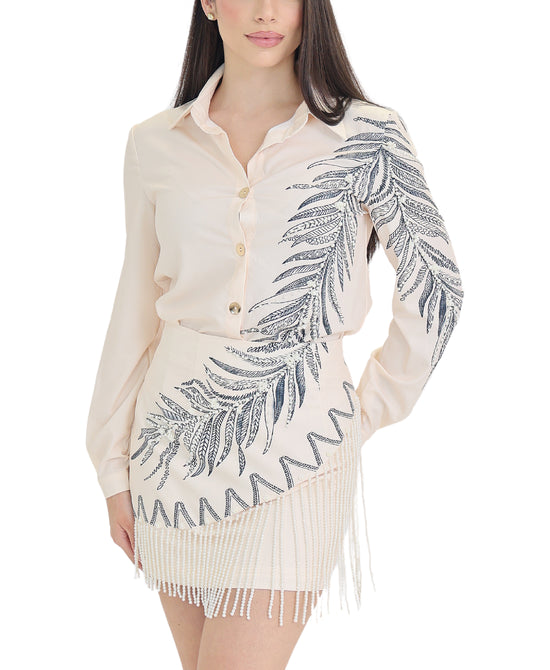 Printed Top & Skirt w/ Pearl Fringe - 2 Pc Set view 