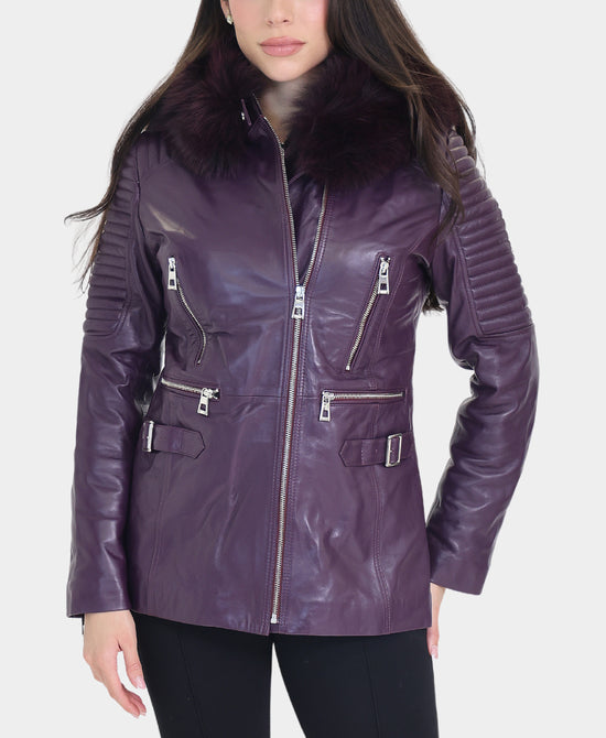 Leather Jacket w/ Fox Fur Trim Hood view