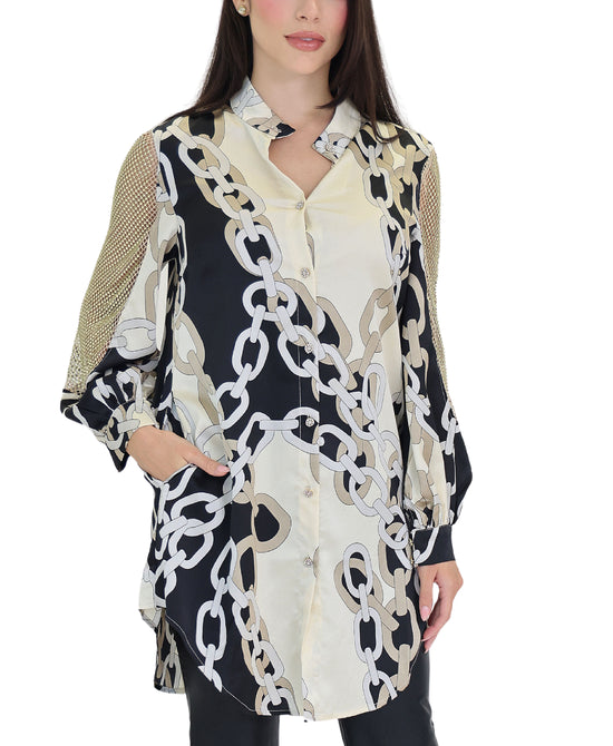 Chain Print Tunic Blouse w/ Sequin Sleeves view