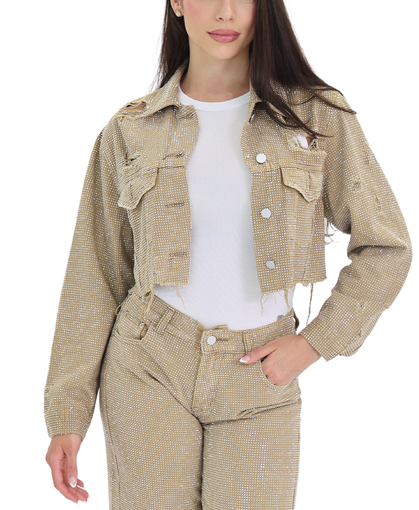 Cropped Denim Jacket w/ Rhinestones view 1
