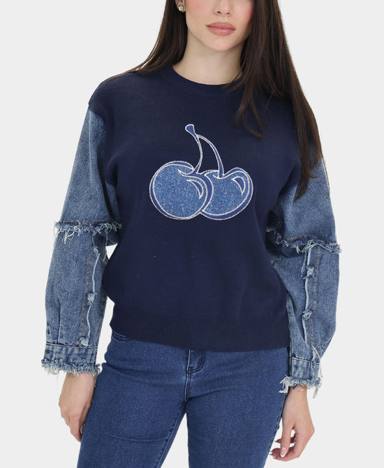 Knit & Denim Combo Cherry Top view