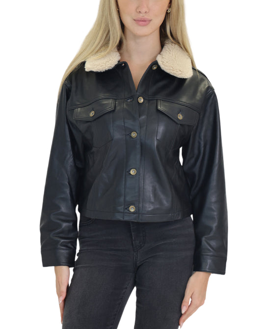 Faux Leather Jacket w/ Teddy Collar view