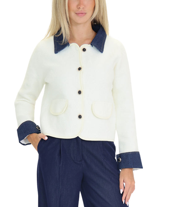 Fuzzy Cardigan w/ Denim Trim view