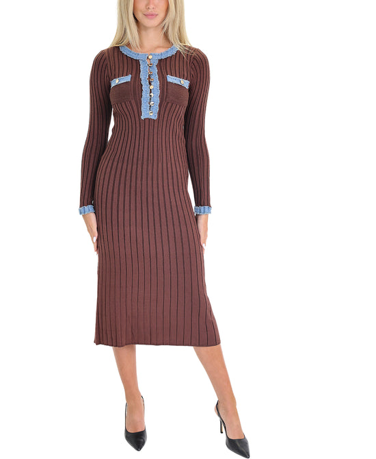 Ribbed Midi Dress w/ Denim Trim view