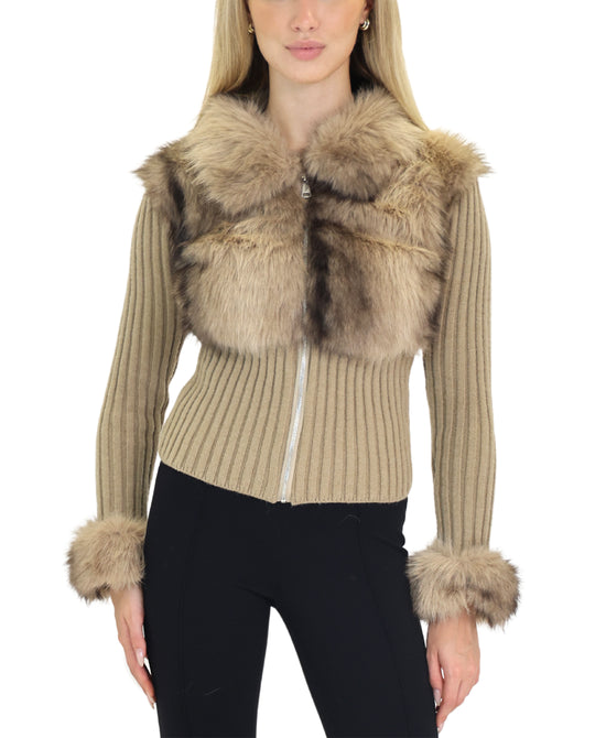 Knit Ribbed Sweater Jacket w/ Faux Fur view