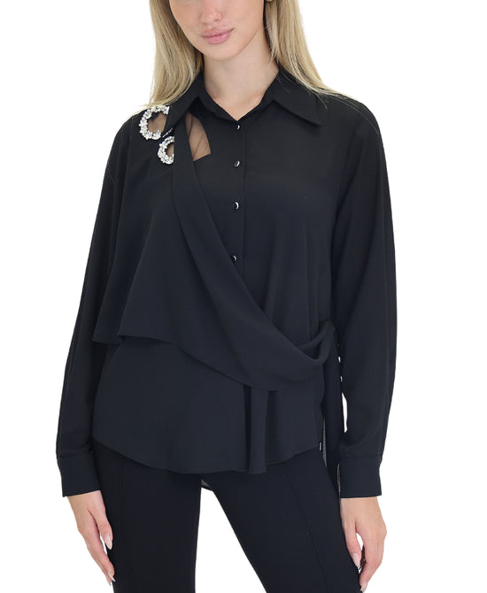 Blouse w/ Rhinestone & Mesh Detail view