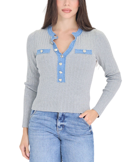 Knit Top w/ Denim Trim view