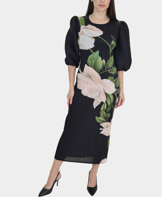 Plisse Floral Print Midi Dress view