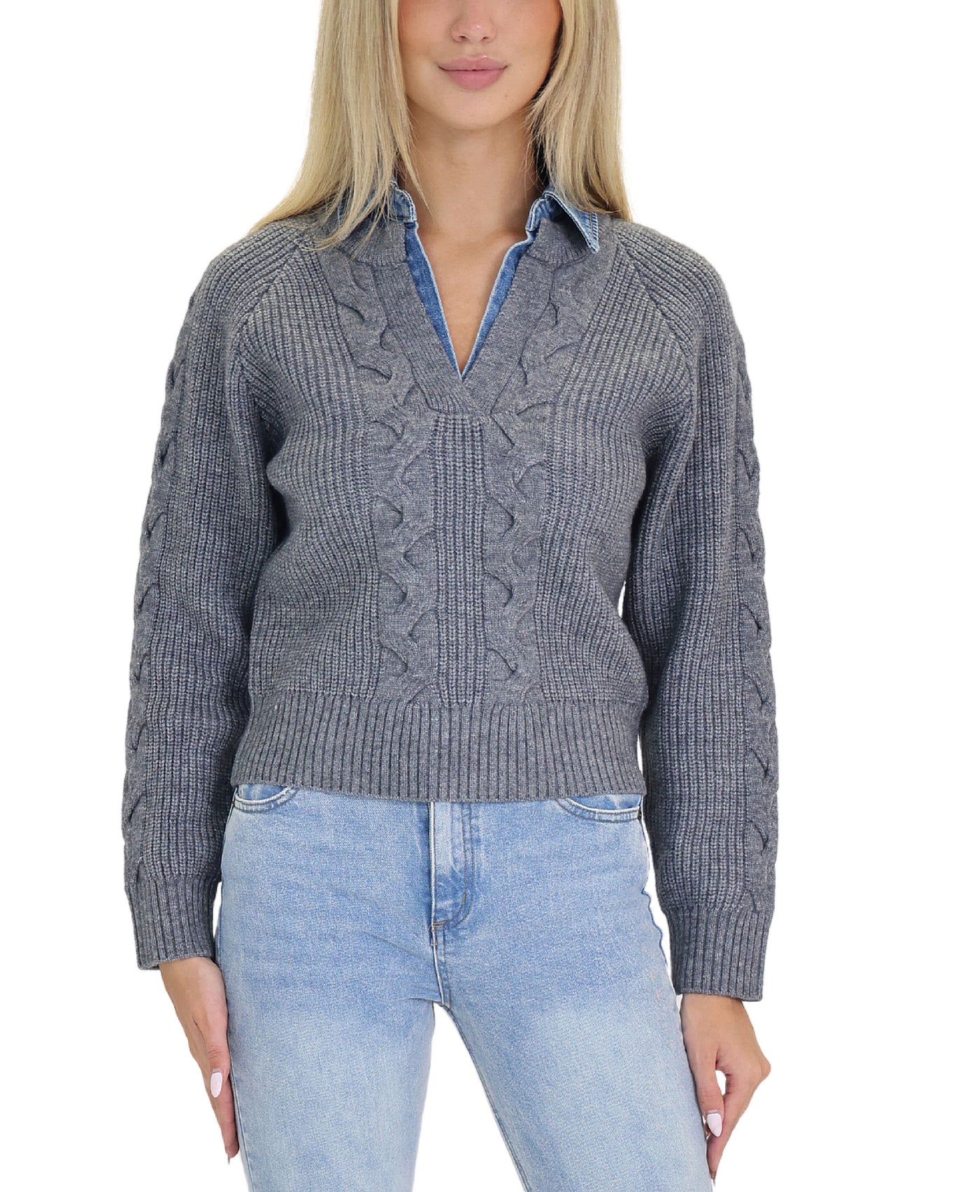 Cable Knit Sweater w/ Denim Collar view 1