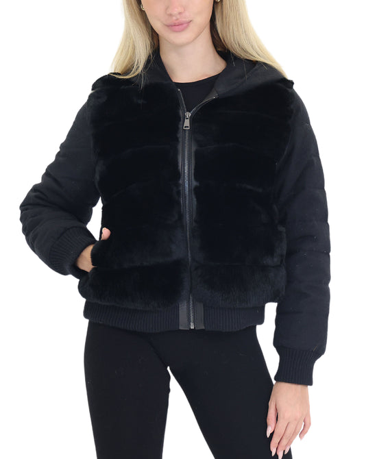 Knit & Down Jacket w/ Fur Trim & Hood view