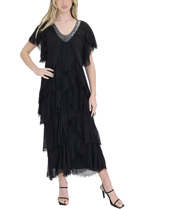 Silk Tiered Dress w/ Sequin Trim view 