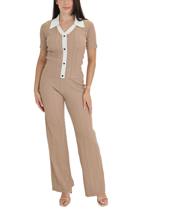 Contrast Knit Top & Pants Set- 2 Pc Set view
