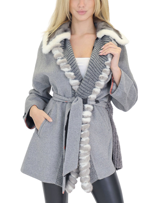Shearling & Wool Coat w/ Mink Fur Trim view