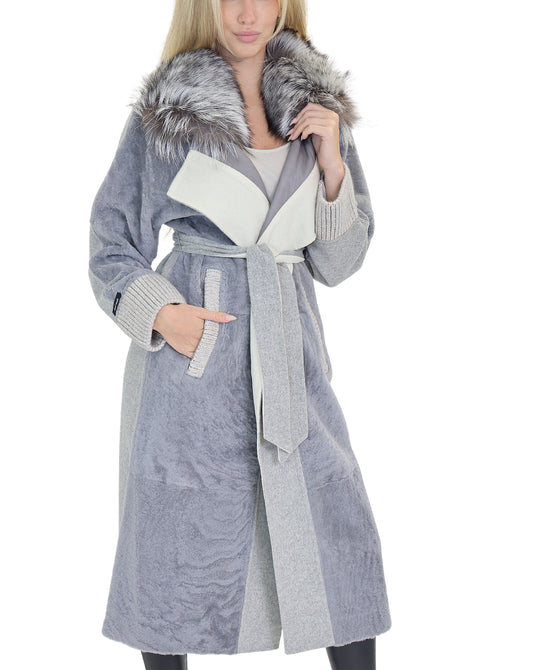 Shearling & Wool Coat w/ Fox Fur Trim view