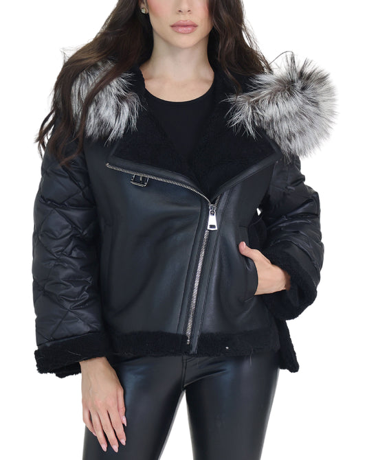 Mixed Media Shearling Moto Jacket w/ Fox Fur Trim view
