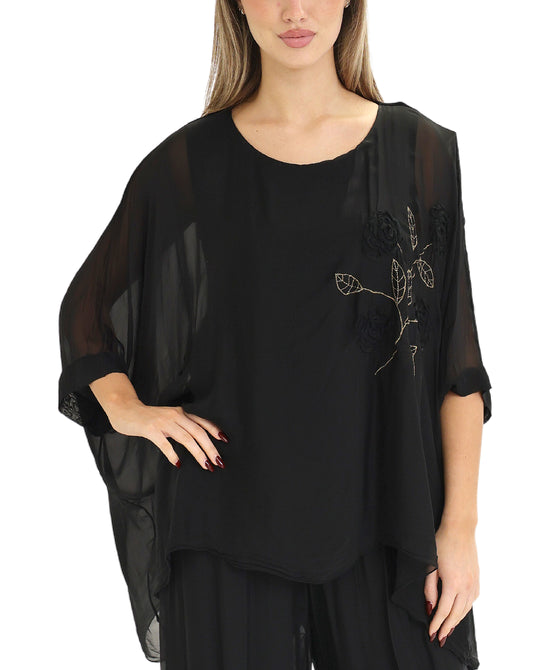Silk Hanky Hem Top w/ Floral Embroidery view