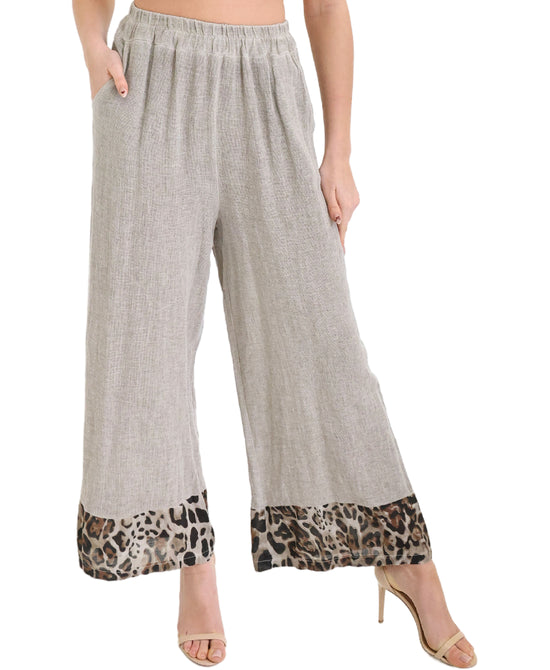 Linen & Cotton Pants w/ Leopard Trim view