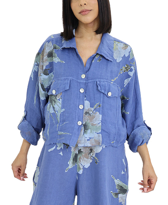 Floral Print Crop Shirt w/ Frayed Trim view