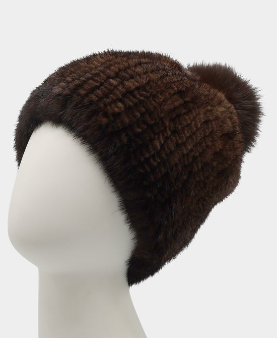 Knitted Mink Hat w/ Fox Fur Pom view 