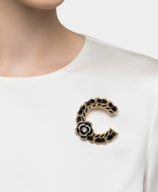 Large "C" Faux Leather Braided Brooch w/ Flower view