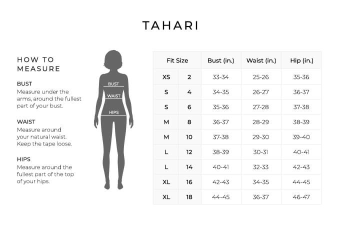 Size Chart for Amanda Tahari.
Size Extra Small, 2. Bust 33 to 34 inches, Waist 25 to 26 inches, Hip 35 to 36 inches.
Size Small, 4. Bust 34 to 35 inches, Waist 26 to 27 inches, Hip 36 to 37 inches.
Size Small, 6. Bust 35 to 36 inches, Waist 27 to 28 inches, Hip 37 to 38 inches.
Size Medium, 8. Bust 36 to 37 inches, Waist 28 to 29 inches, Hip 38 to 39 inches.
Size Medium, 10. Bust 37 to 38 inches, Waist 29 to 30 inches, Hip 39 to 40 inches.
Size Large, 12. Bust 38 to 39 inches, Waist 30 to 31 inches, Hip 40 to 41 inches.
Size Large, 14. Bust 40 to 41 inches, Waist 32 to 33 inches, Hip 42 to 43 inches.
Size Extra Large, 16. Bust 42 to 43 inches, Waist 34 to 35 inches, Hip 44 to 45 inches.
Size Extra Large, 18. Bust 44 to 45 inches, Waist 36 to 37 inches, Hip 46 to 47 inches.
How to Measure.
Bust. Measure under the arms, around the fullest part of your bust.
Waist. Measure around your natural waist. Keep the tape loose.
Hips. Measure around the fullest part of the top of your hips.