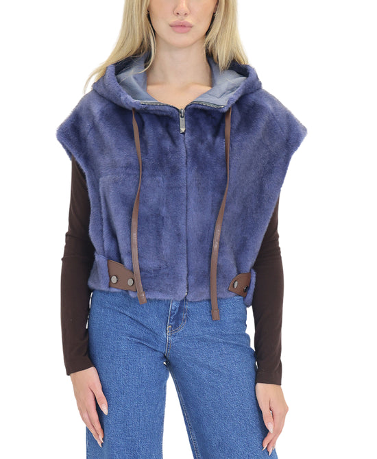 Faux Fur Vest w/ Side Buckles & Hood view 