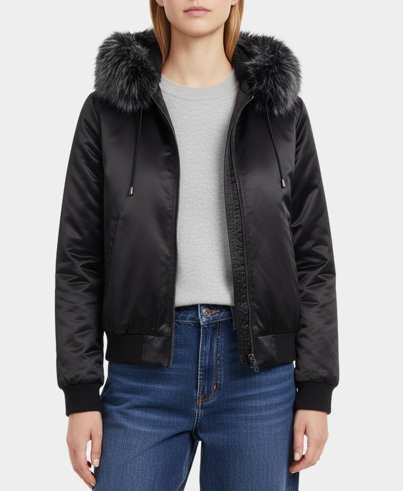 Bomber Jacket w/ Faux Fur Trim Hood view 1