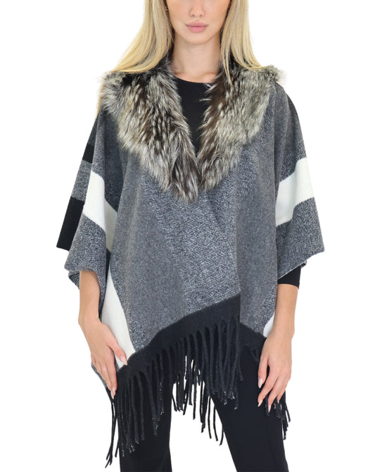 Colorblock Fringe Cape w/ Faux Fur Trim view 
