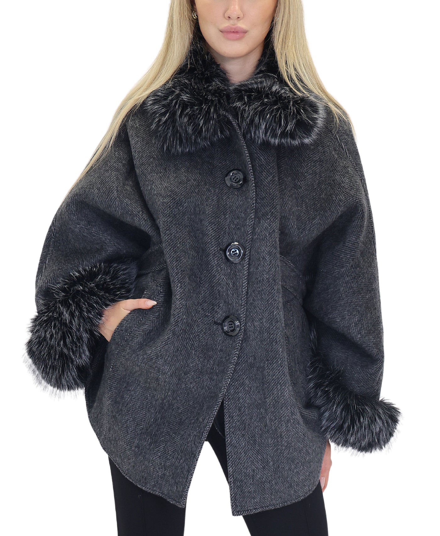 Cashmere Blend Cape w/ Faux Fur Trim view 1