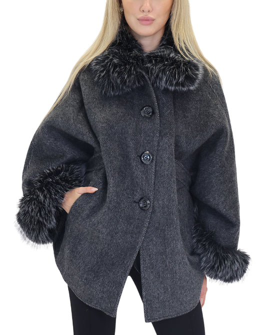 Cashmere Blend Cape w/ Faux Fur Trim view 