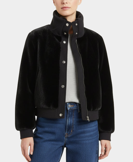 Faux Fur Bomber Jacket w/ Wool Trim view 