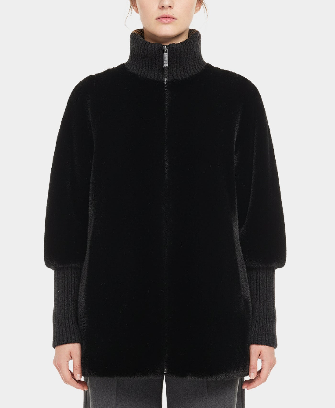 Faux Fur Jacket w/ Knit Trim view 1