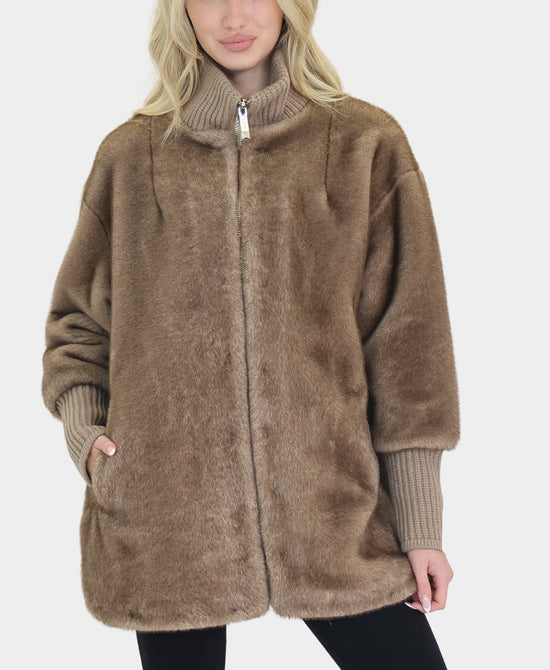 Faux Fur Jacket w/ Knit Trim view 