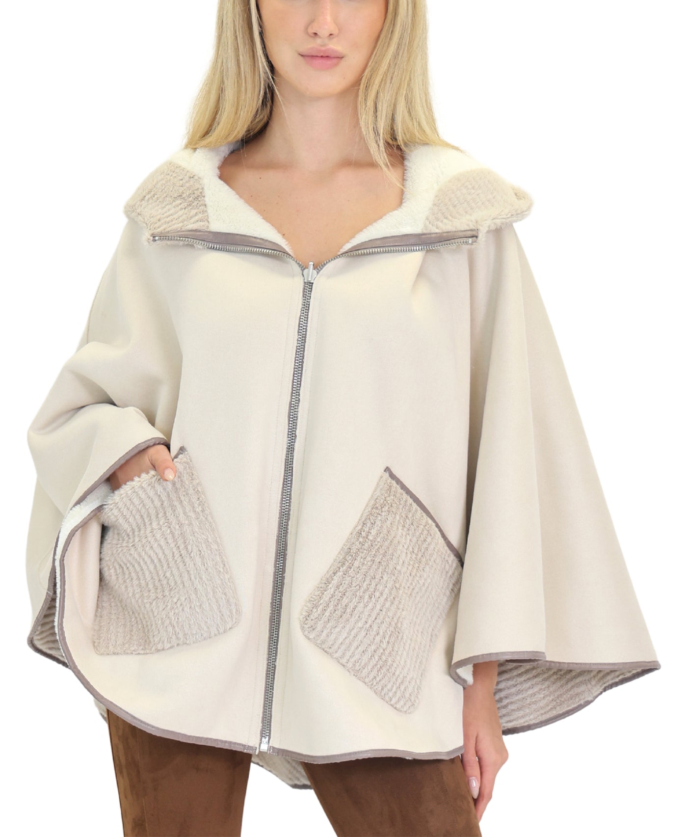 Reversible Faux Fur Contrast Cape w/ Hood view 1