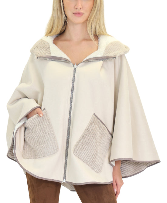 Reversible Faux Fur Contrast Cape w/ Hood view 