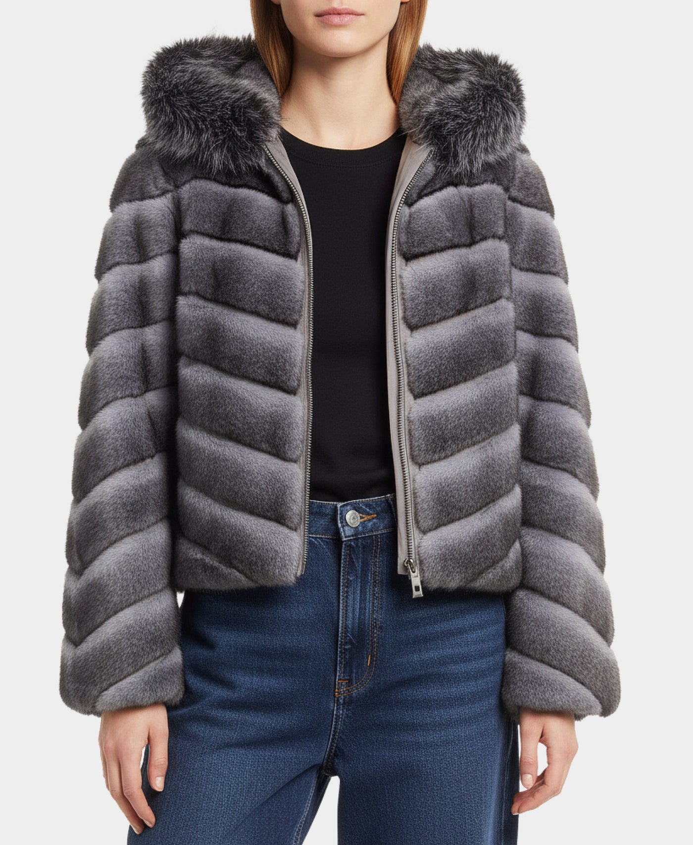 Two Tone Faux Fur Jacket w/ Hood view 1