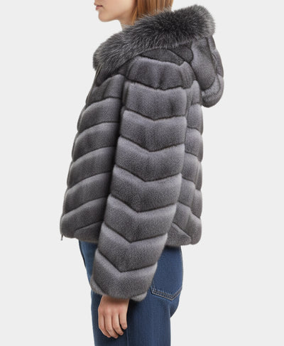 Two Tone Faux Fur Jacket w/ Hood image 2