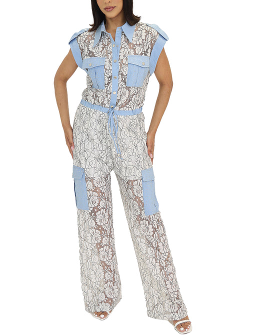 Lace Jumpsuit w/ Denim Trim view 