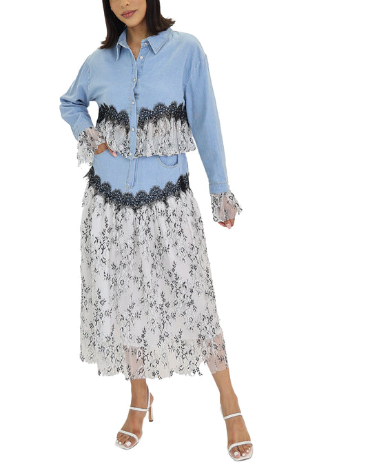 Denim Top w/ Lace Trim & Skirt Set- 2 Pc Set view 