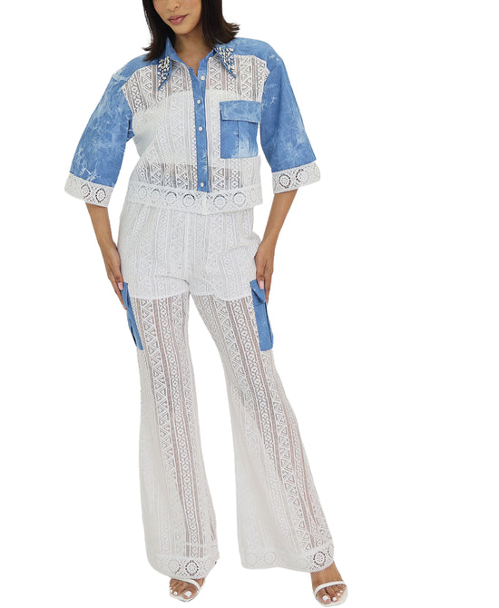 Lace Denim Trim Top & Pants Set- 2 Pc Set view 