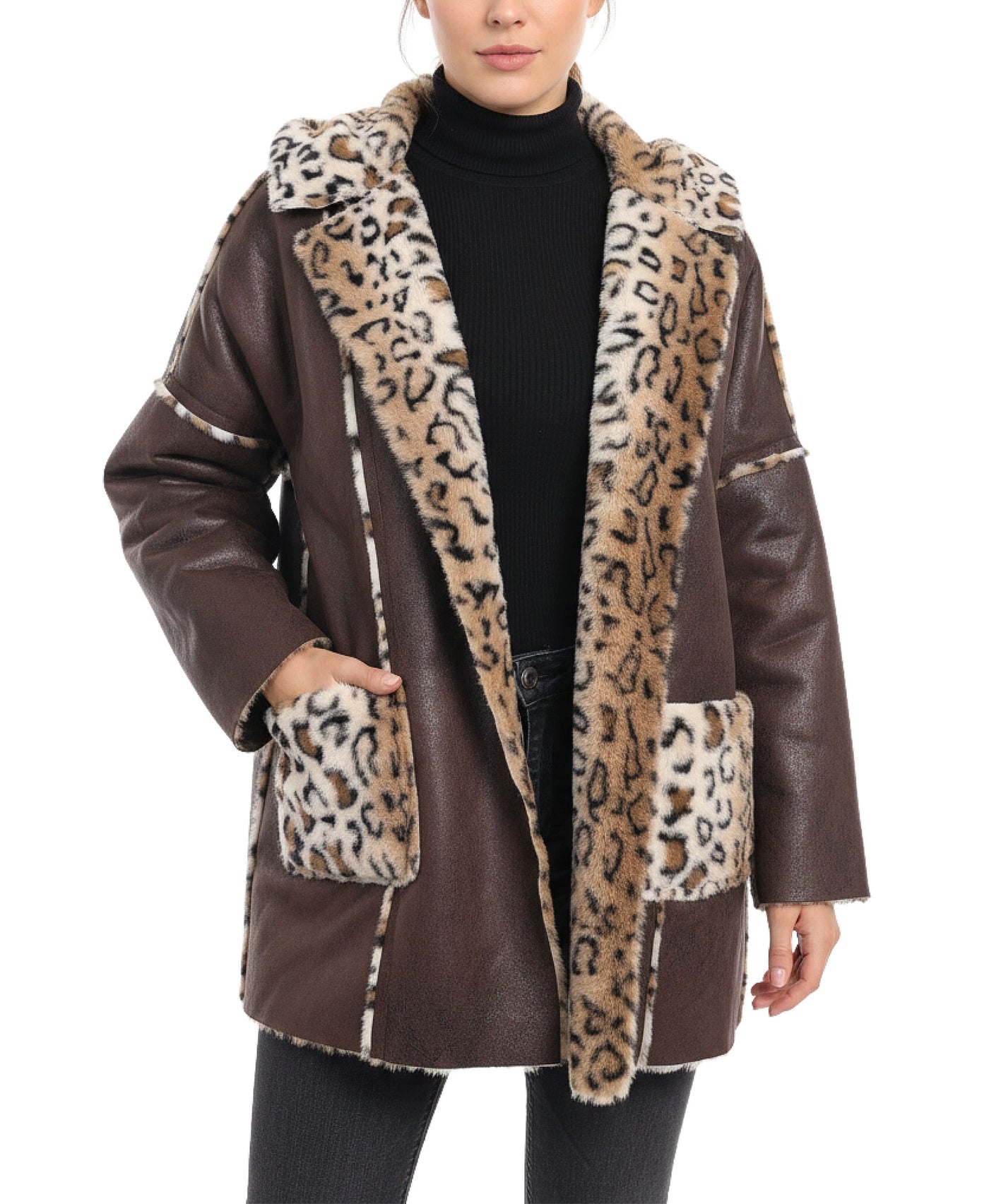 Faux Leather & Leopard Trim Jacket w/ Hood view 1