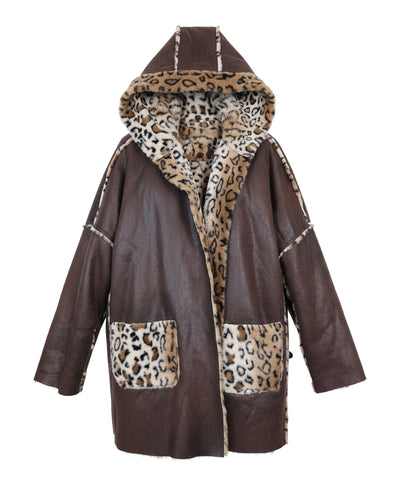 Faux Leather & Leopard Trim Jacket w/ Hood image 2
