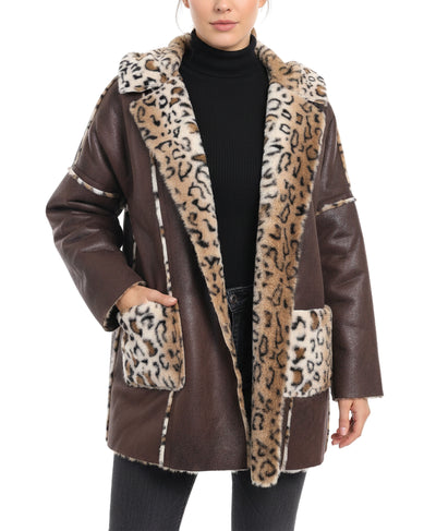Faux Leather & Leopard Trim Jacket w/ Hood image 1