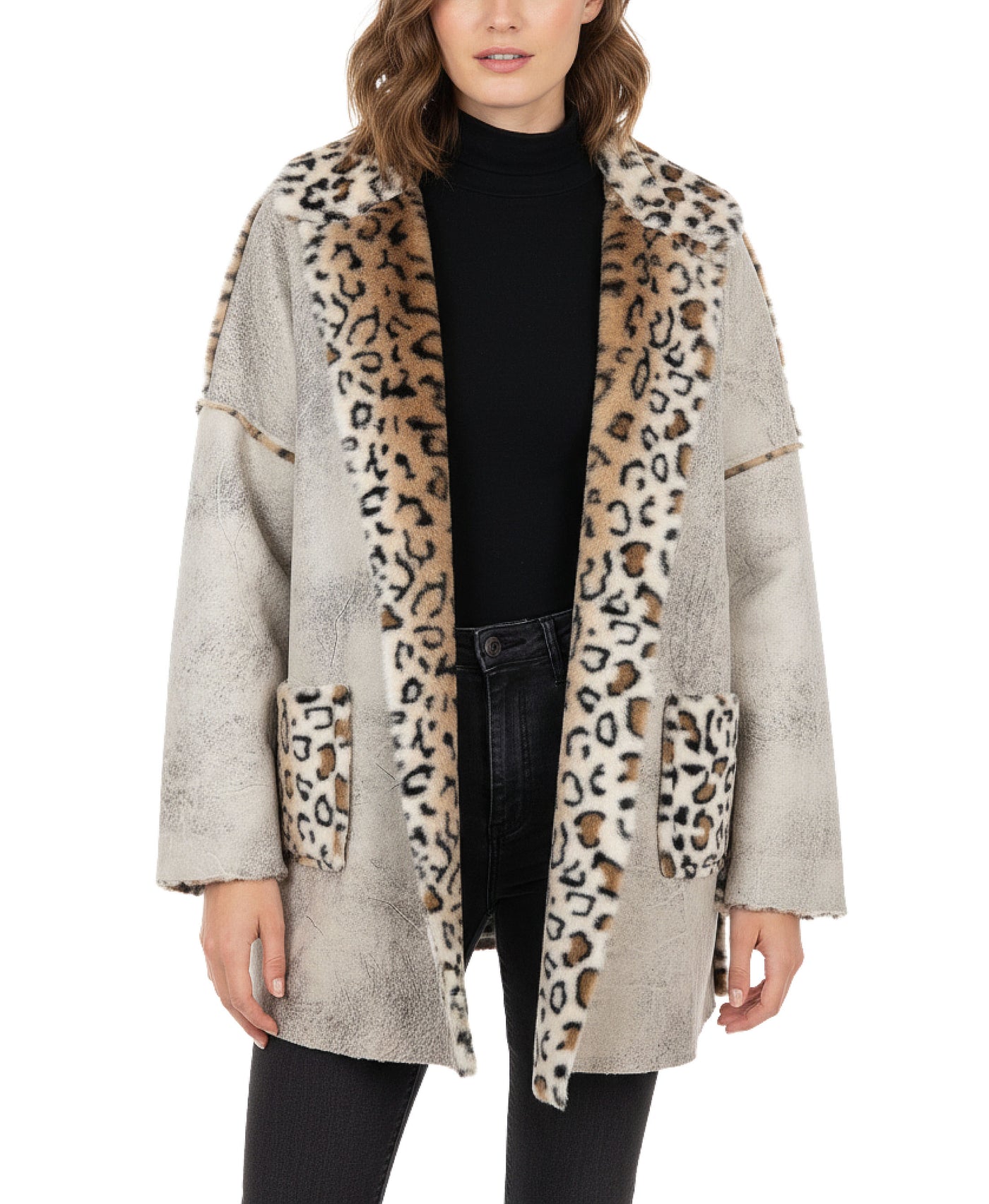 Faux Leather & Leopard Trim Jacket w/ Hood view 3